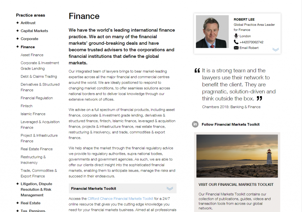 Screenshot of Clifford Chance's finance practice